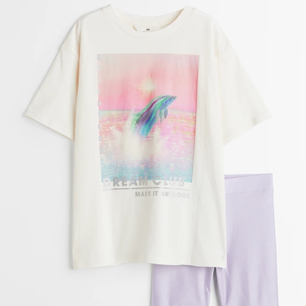 H&M girls 2pc dolphin graphic tee shirt & biker shorts outfit set 10 12 years